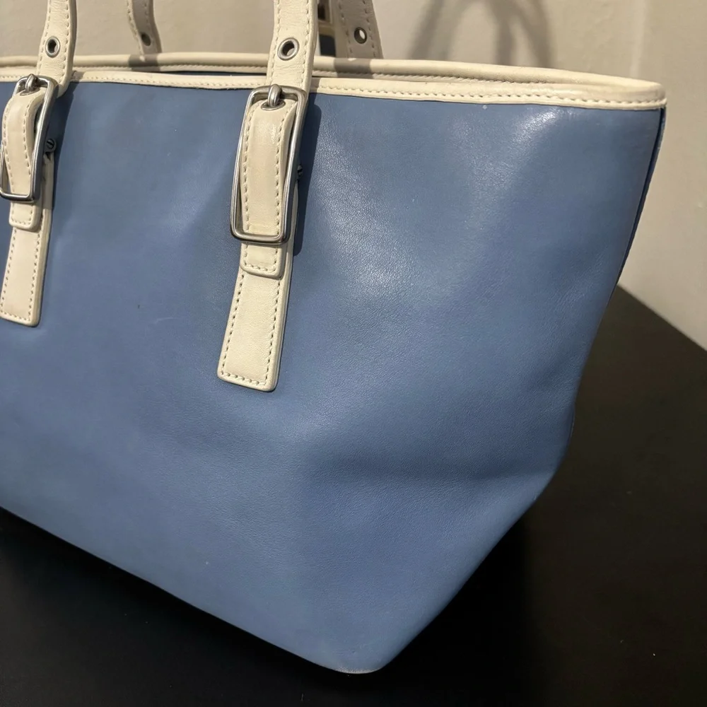Coach Vintage Leather Shoulder Tote Purse Silver Buckle Minimalist Blue